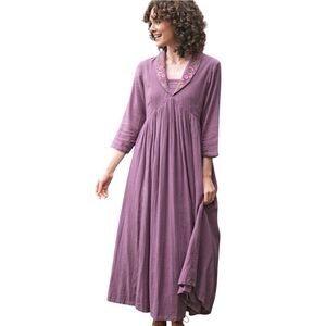 April Cornell Cordelia Dress Dusty Amethyst Size Large Cotton Embroidered